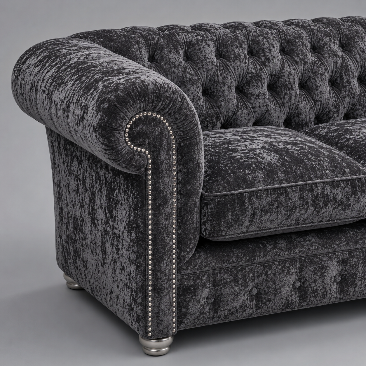 Olympia Chesterfield 2 Seater Crushed Velvet Dark Grey Sofa - Detailed Angle View 3
