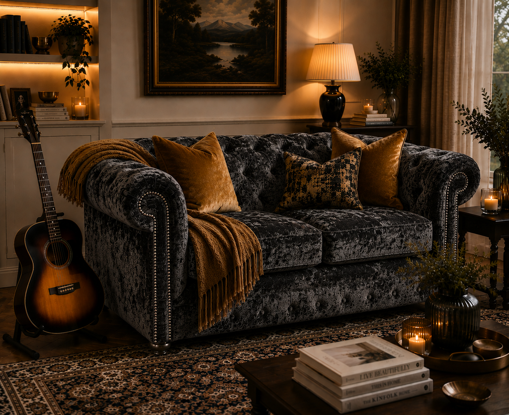 Olympia Chesterfield 2 Seater Crushed Velvet Dark Grey Sofa - Detailed Angle View 5