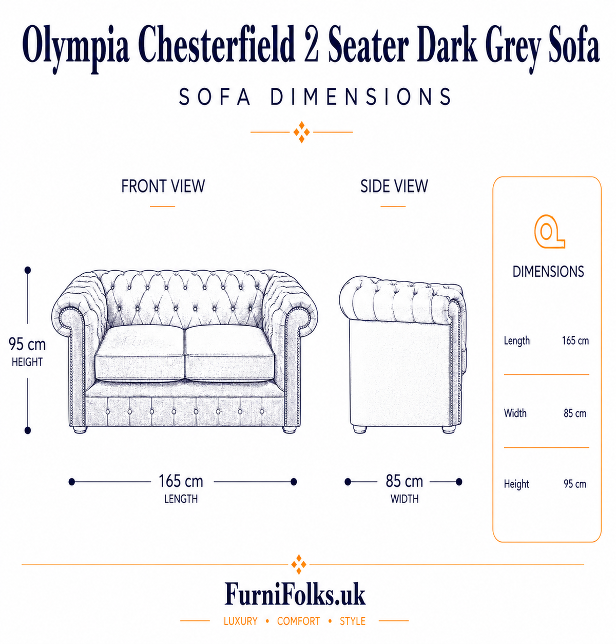 Olympia Chesterfield 2 Seater Crushed Velvet Dark Grey Sofa - Detailed Angle View 6