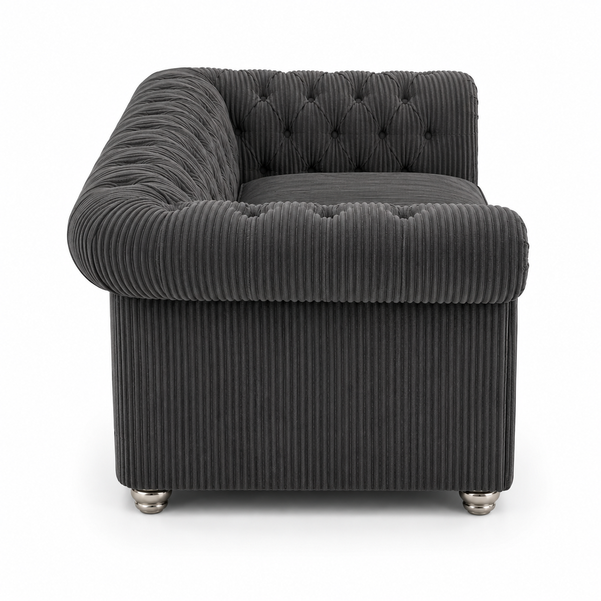 Olympia Chesterfield 2 Seater Jumbo Cord Dark Grey Sofa - Detailed Angle View 2