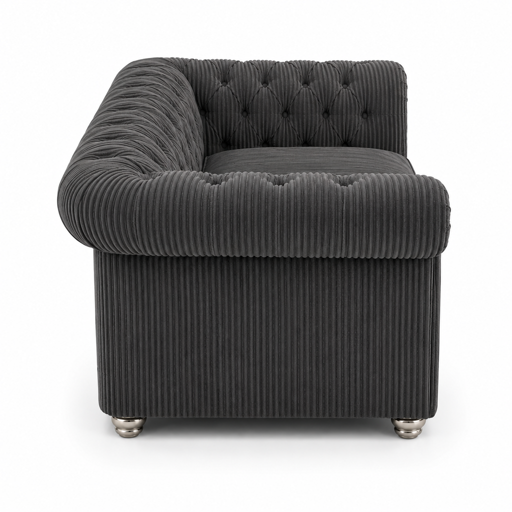 Olympia Chesterfield 2 Seater Jumbo Cord Dark Grey Sofa - Detailed Angle View 2