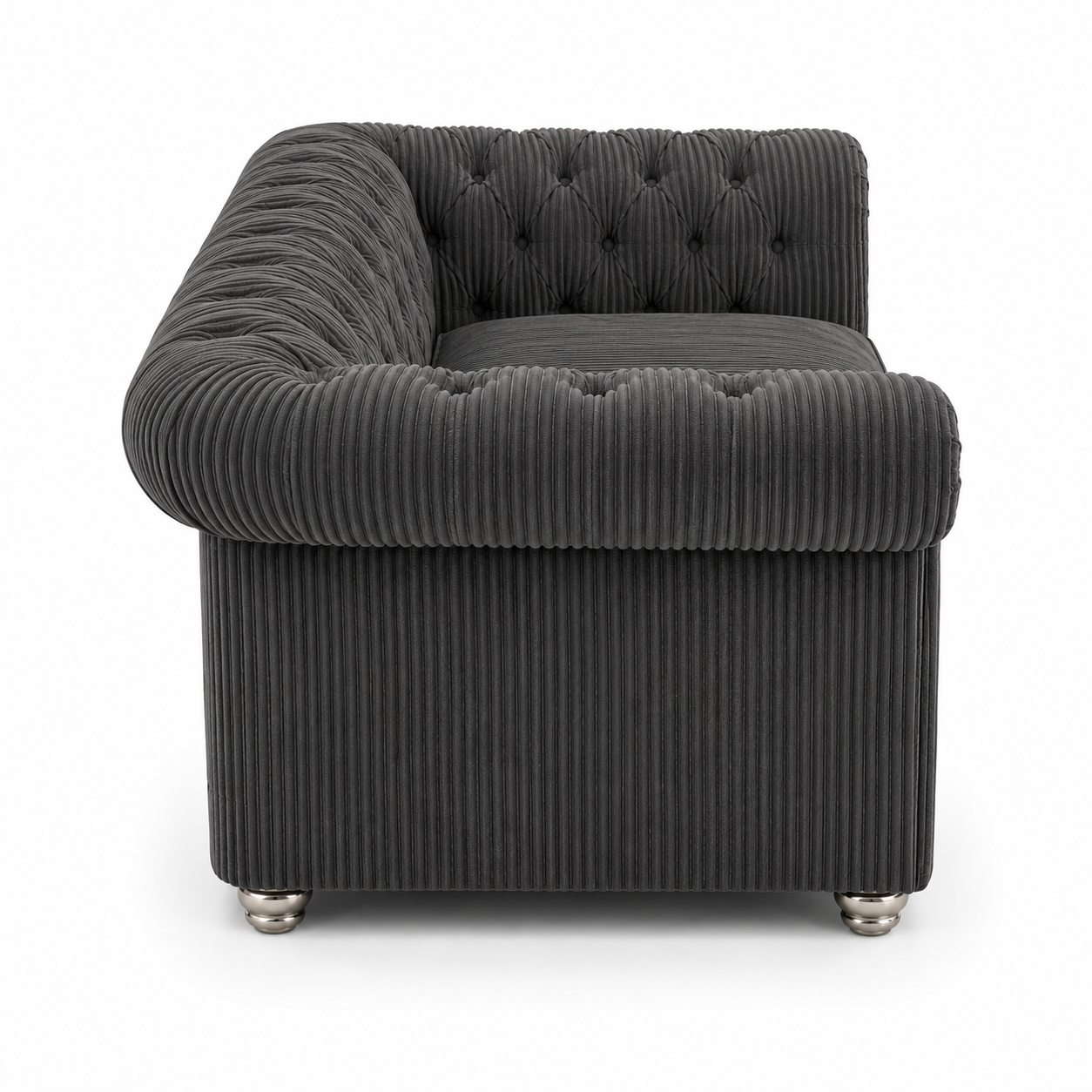 Olympia Chesterfield 2 Seater Jumbo Cord Dark Grey Sofa - Detailed Angle View 2