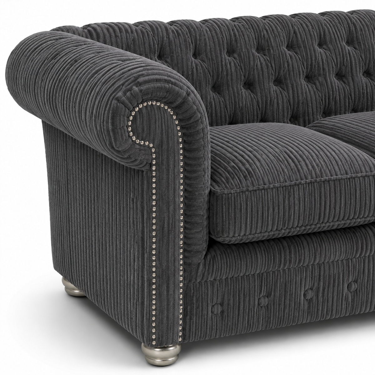 Olympia Chesterfield 2 Seater Jumbo Cord Dark Grey Sofa - Detailed Angle View 3