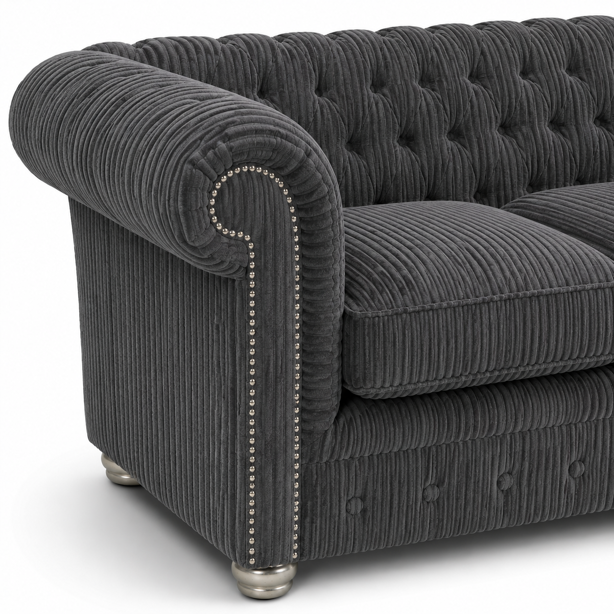 Olympia Chesterfield 2 Seater Jumbo Cord Dark Grey Sofa - Detailed Angle View 3