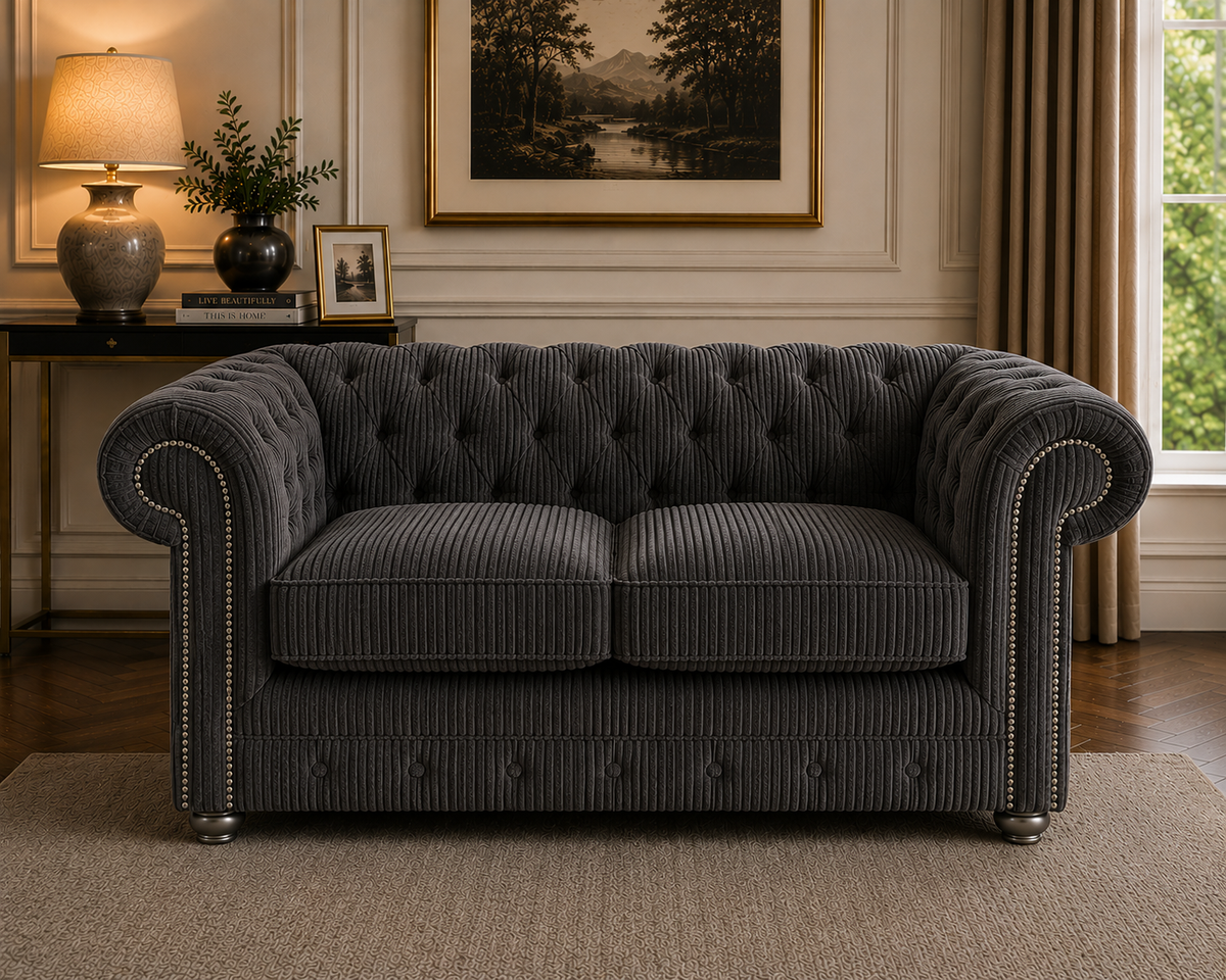 Olympia Chesterfield 2 Seater Jumbo Cord Dark Grey Sofa - Detailed Angle View 4