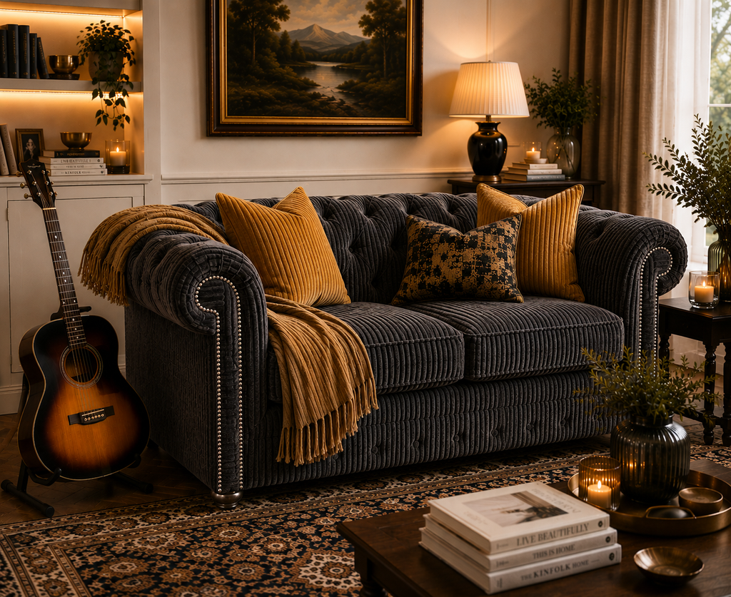 Olympia Chesterfield 2 Seater Jumbo Cord Dark Grey Sofa - Detailed Angle View 5