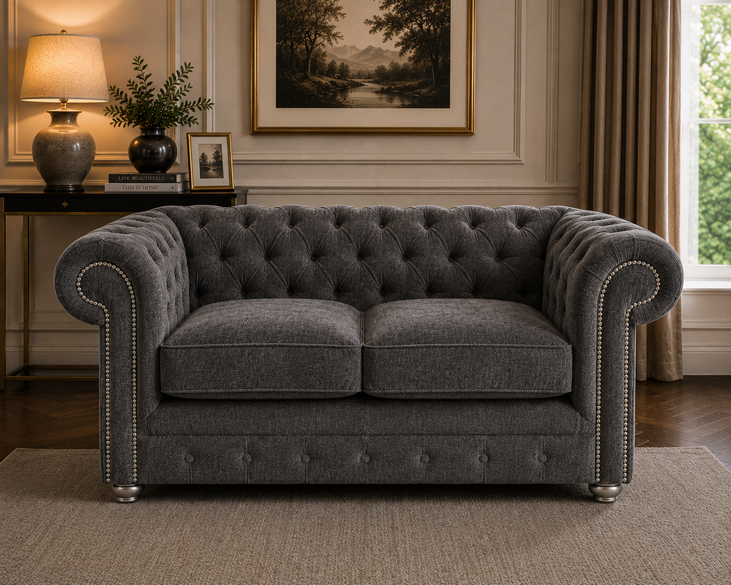 Olympia Chesterfield 2 Seater Naples & Kinsington Dark Grey Sofa - Detailed Angle View 4