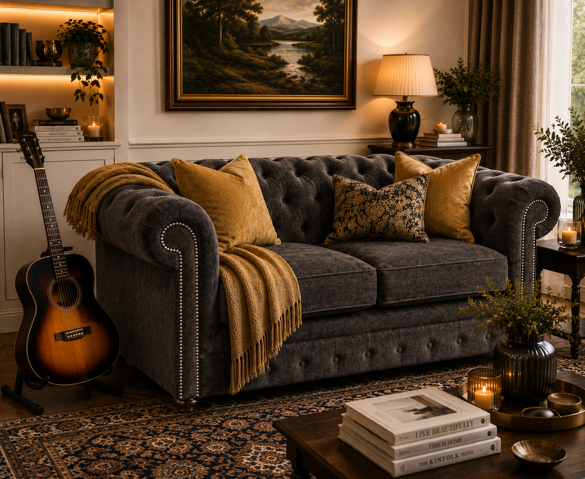 Olympia Chesterfield 2 Seater Naples & Kinsington Dark Grey Sofa - Detailed Angle View 5