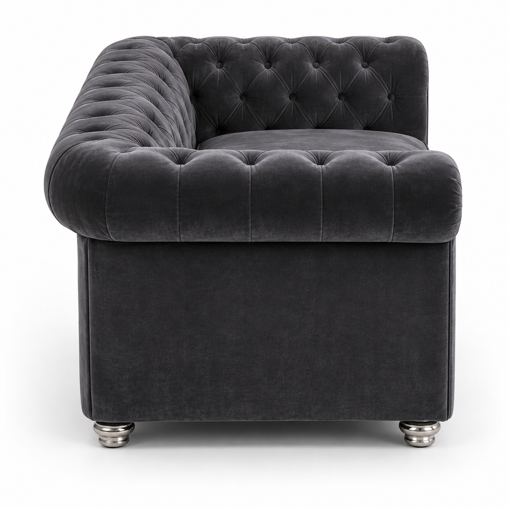 Olympia Chesterfield 2 Seater Plush Velvet Dark Grey Sofa - Detailed Angle View 2