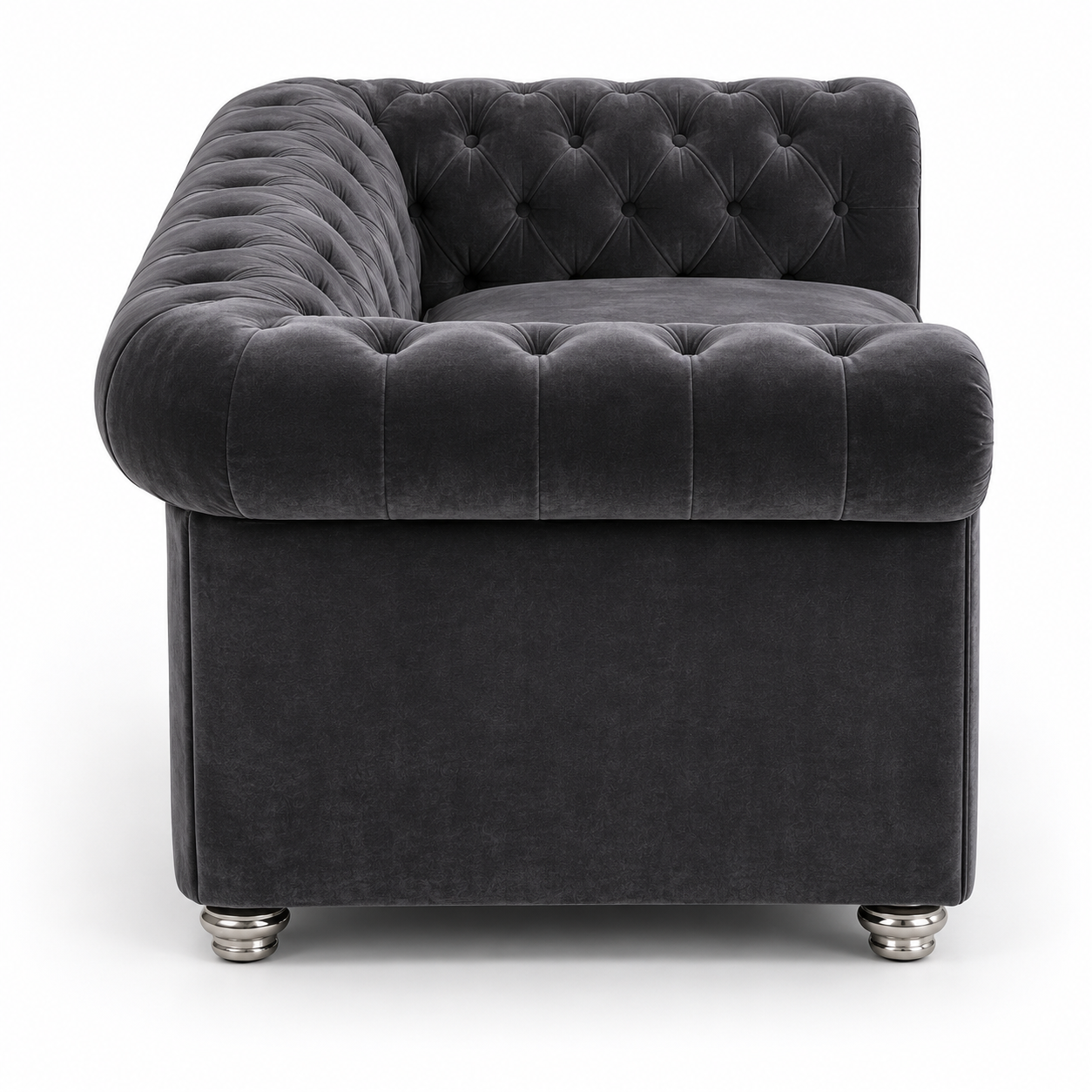Olympia Chesterfield 2 Seater Plush Velvet Dark Grey Sofa - Detailed Angle View 2