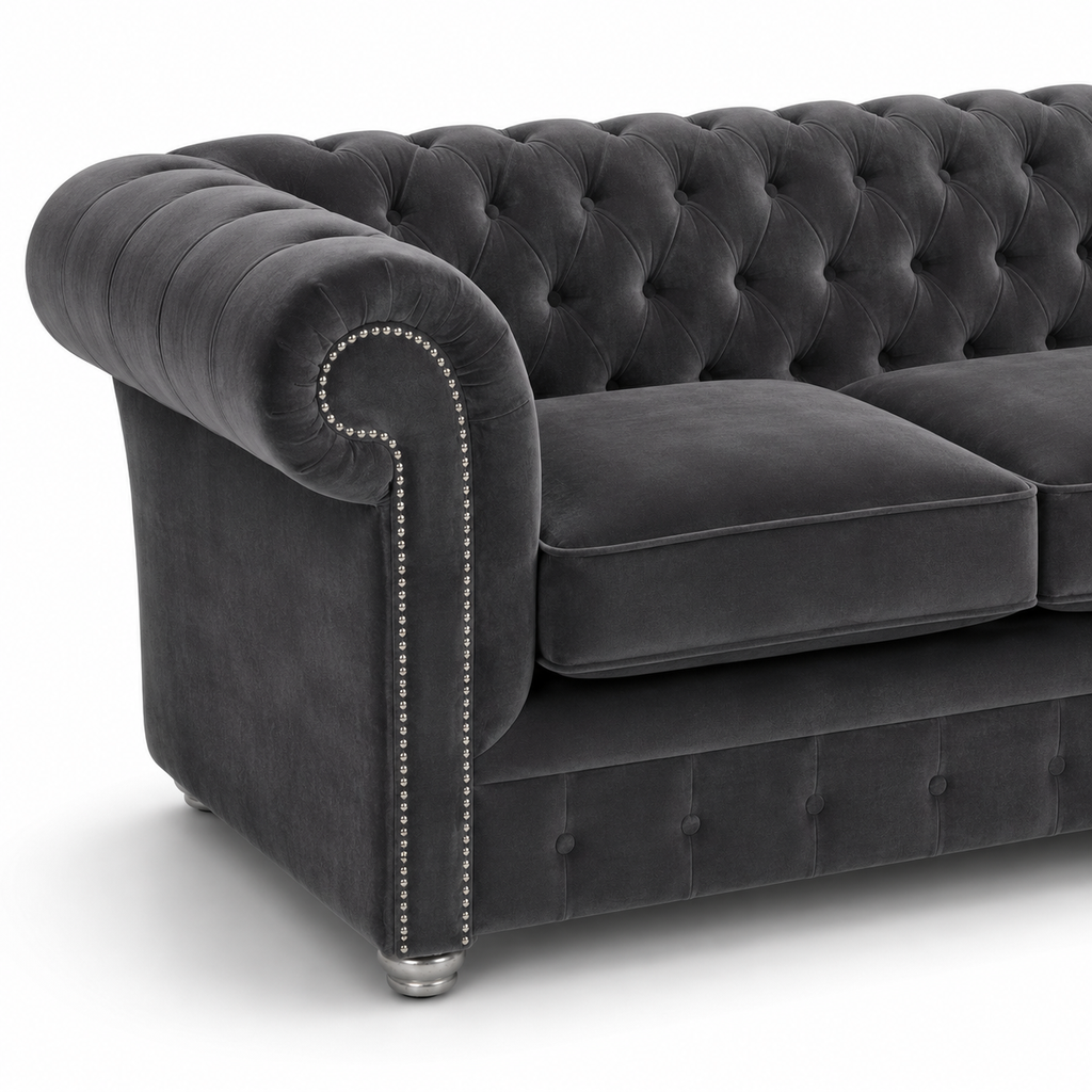 Olympia Chesterfield 2 Seater Plush Velvet Dark Grey Sofa - Detailed Angle View 3