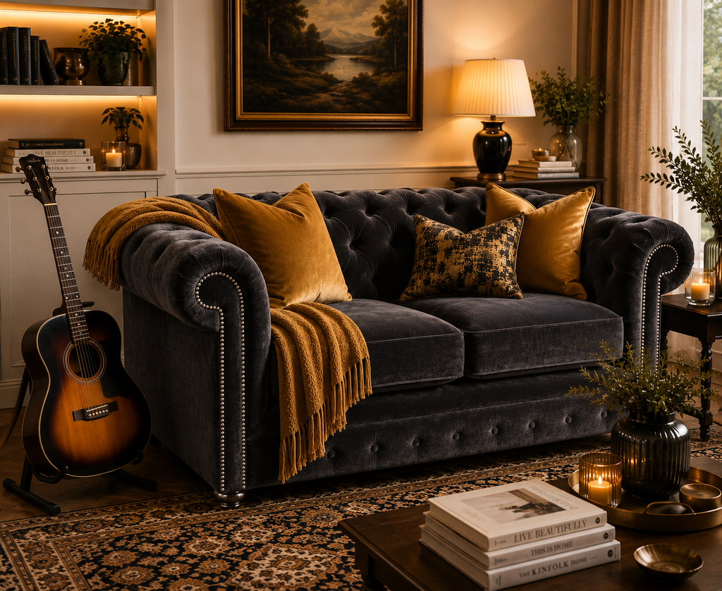 Olympia Chesterfield 2 Seater Plush Velvet Dark Grey Sofa - Detailed Angle View 5