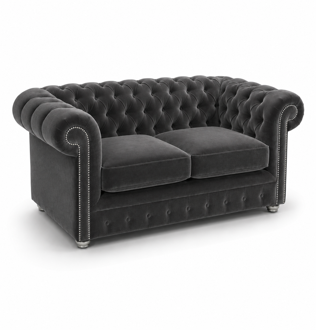 Olympia Chesterfield 2 Seater Plush Velvet Dark Grey Sofa - Luxury UK Living Room Showcase