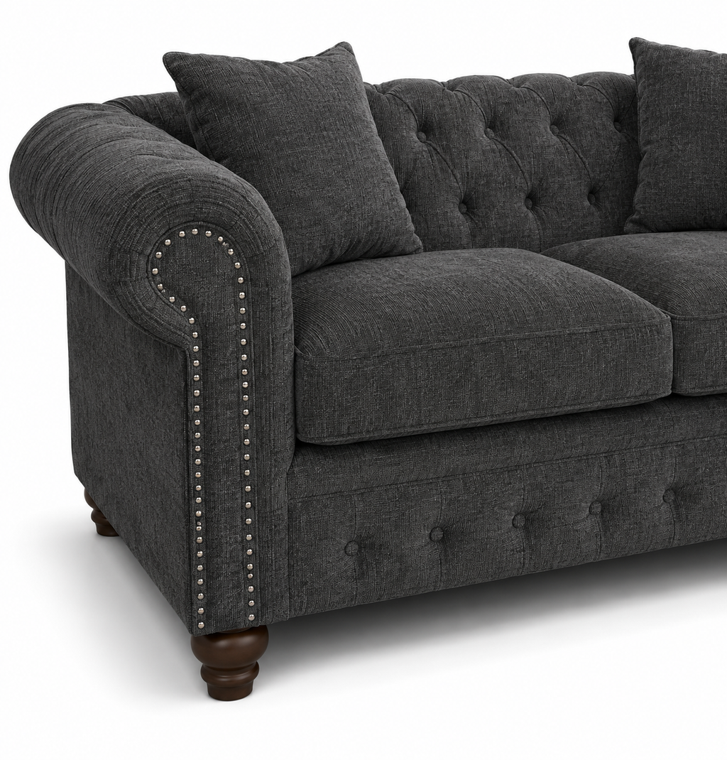 Olympia Chesterfield 3+2 Seater Corner Chenille Dark Grey Sofa - Detailed Angle View 3