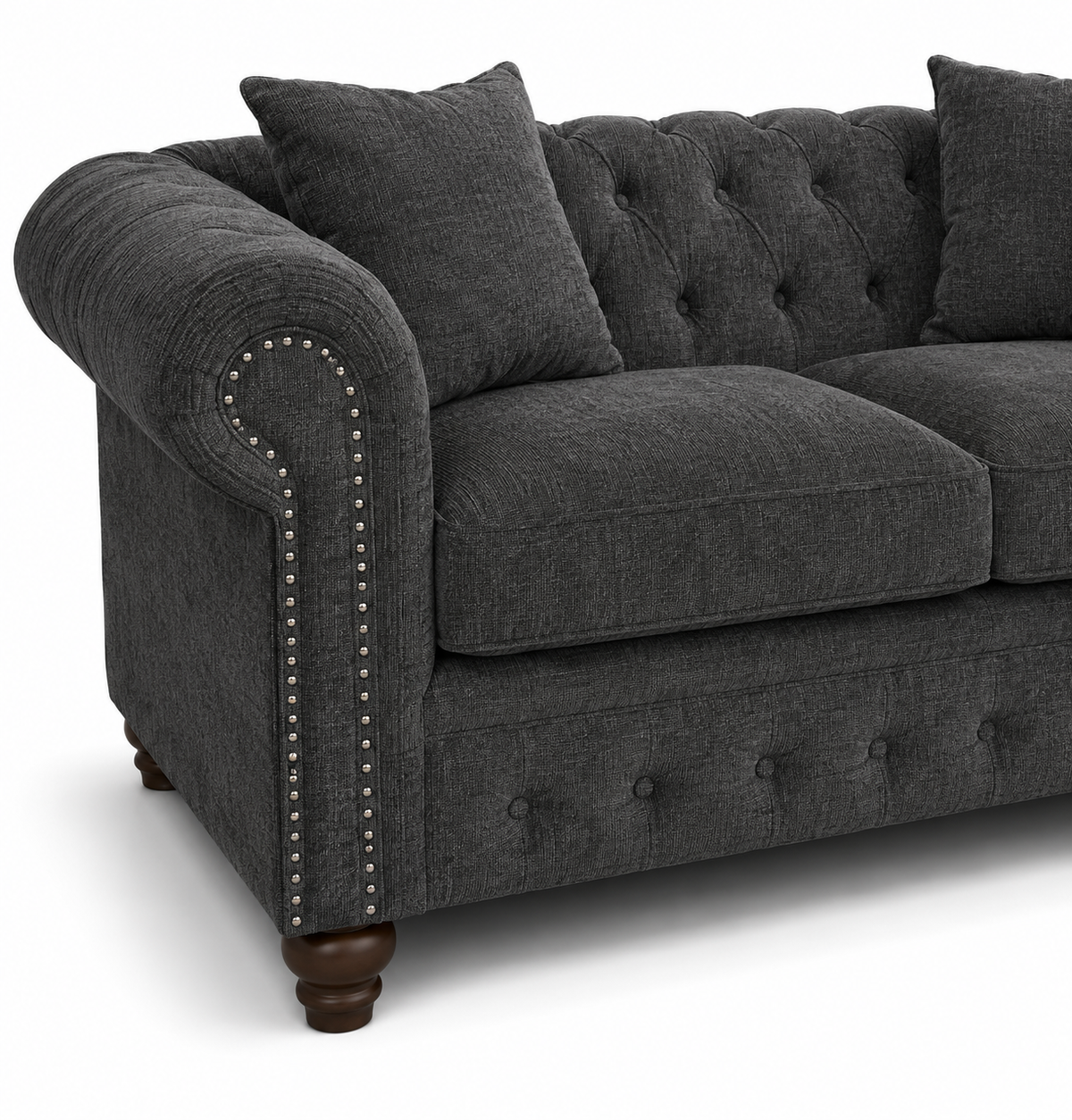 Olympia Chesterfield 3+2 Seater Corner Chenille Dark Grey Sofa - Detailed Angle View 3