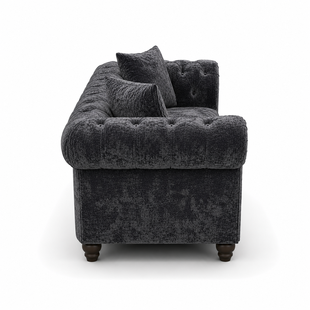 Olympia Chesterfield 3+2 Seater Corner Crushed Velvet Dark Grey Sofa - Detailed Angle View 2