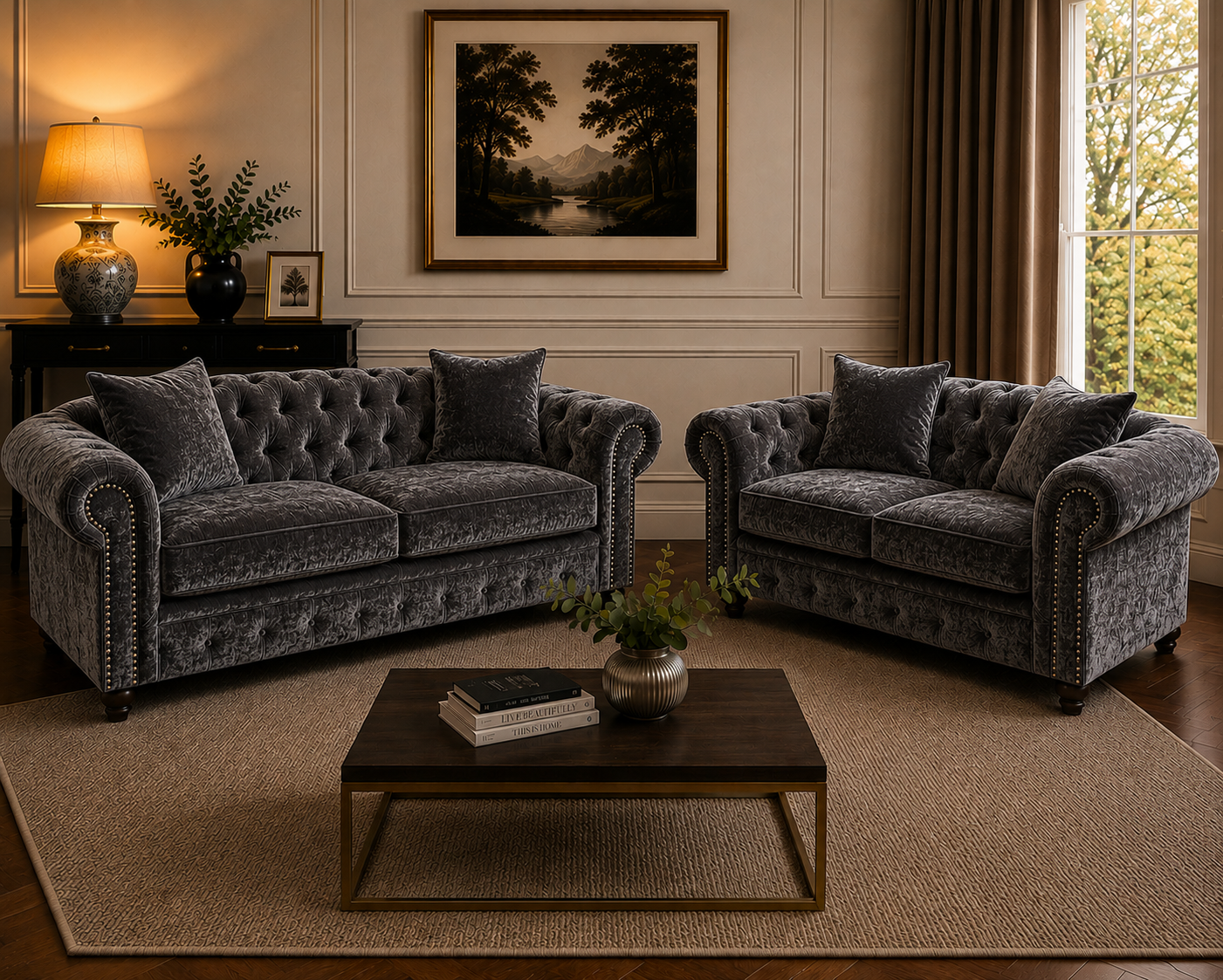 Olympia Chesterfield 3+2 Seater Corner Crushed Velvet Dark Grey Sofa - Detailed Angle View 4