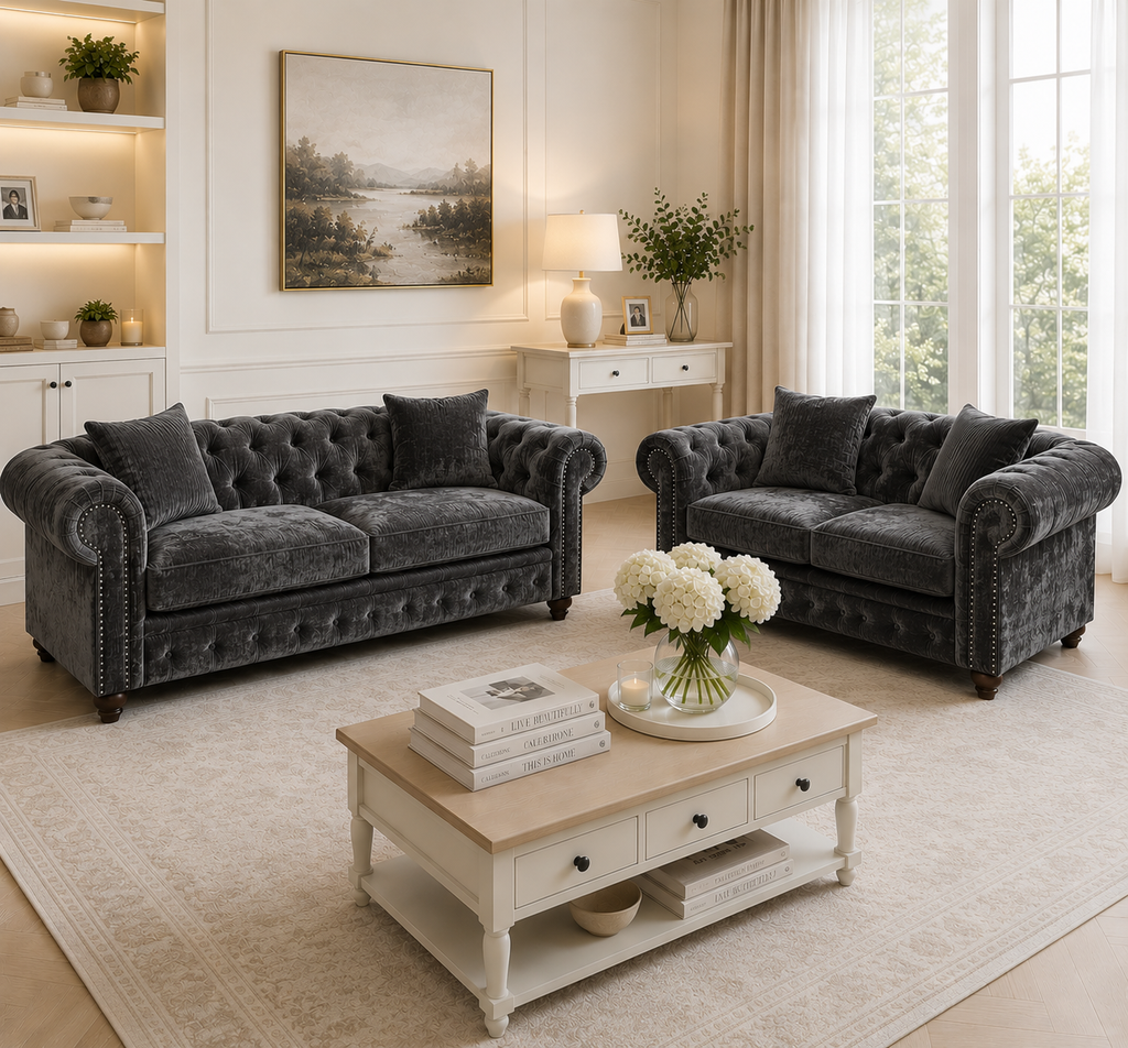 Olympia Chesterfield 3+2 Seater Corner Crushed Velvet Dark Grey Sofa - Detailed Angle View 5