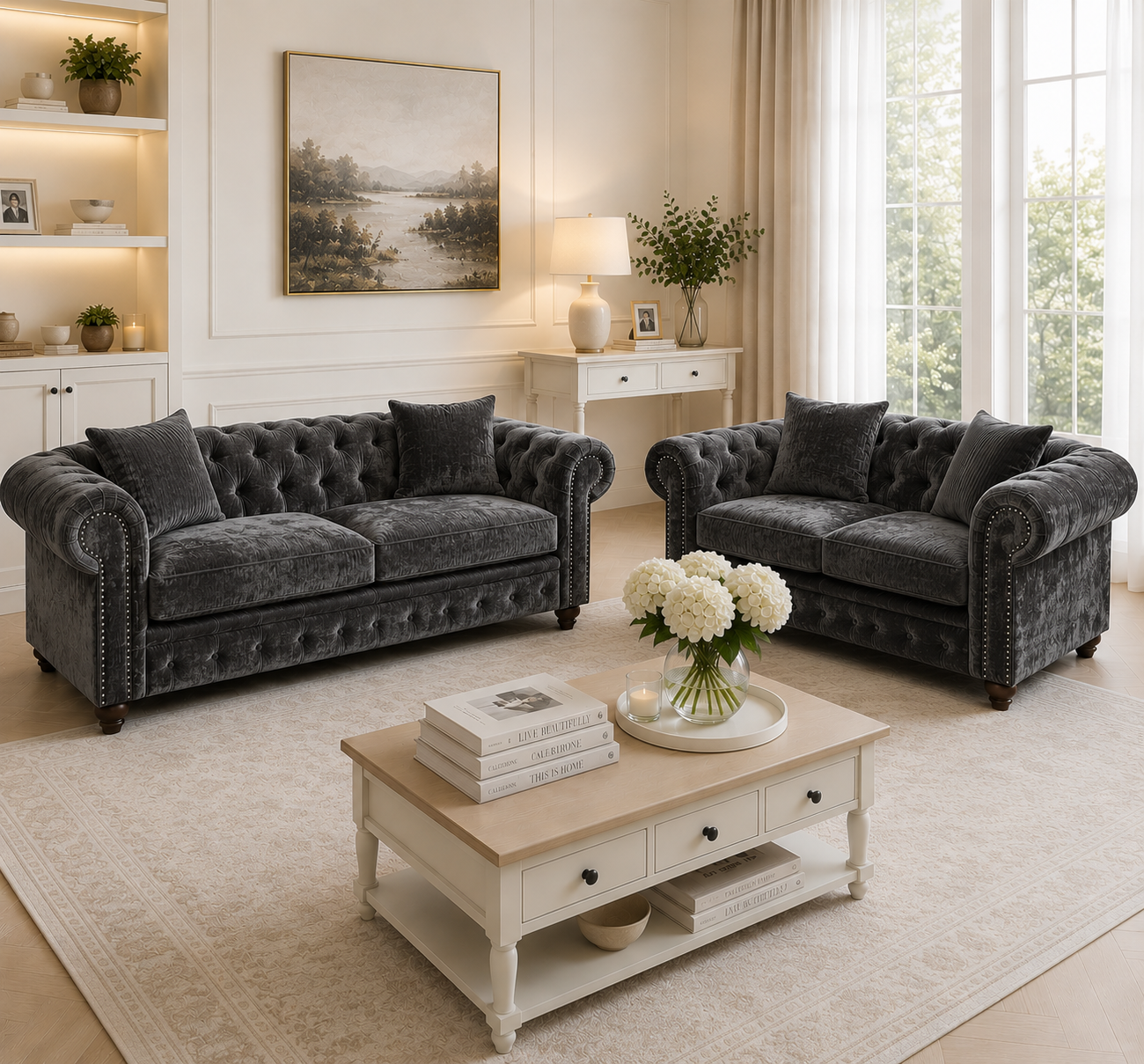 Olympia Chesterfield 3+2 Seater Corner Crushed Velvet Dark Grey Sofa - Detailed Angle View 5