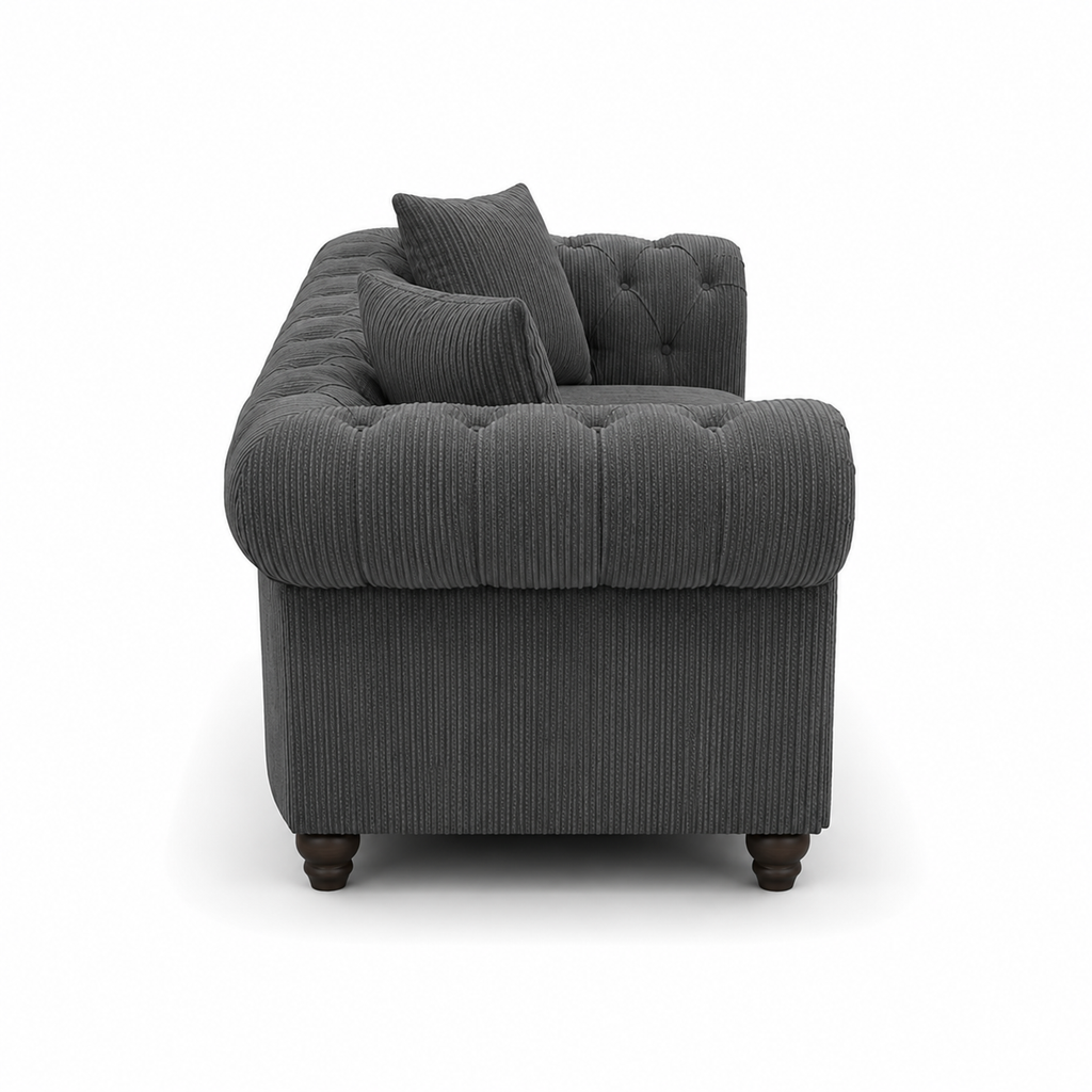 Olympia Chesterfield 3+2 Seater Corner Jumbo Cord Dark Grey Sofa - Detailed Angle View 2
