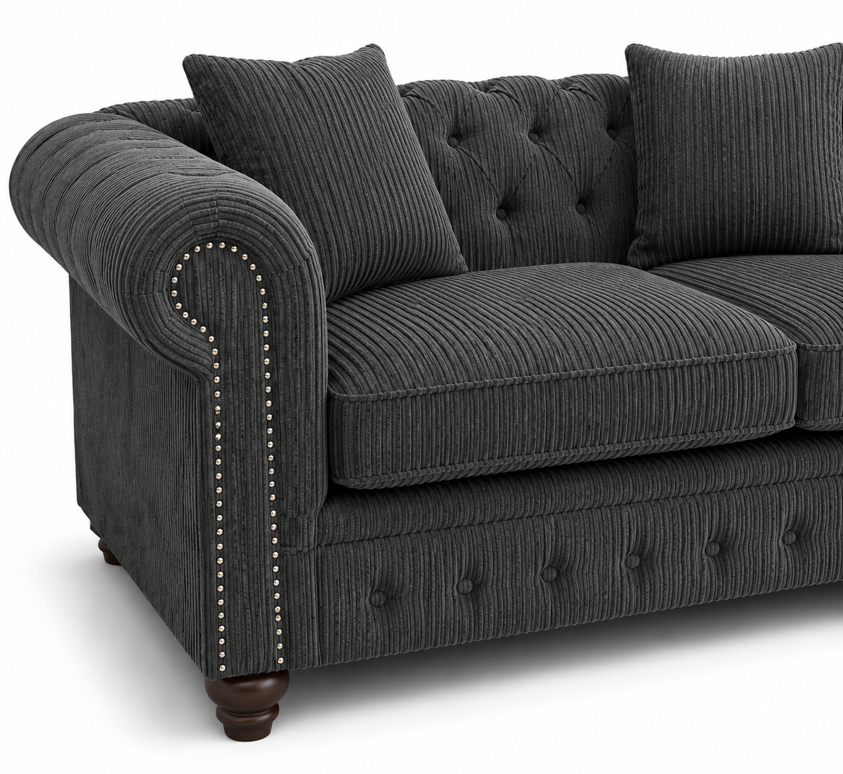 Olympia Chesterfield 3+2 Seater Corner Jumbo Cord Dark Grey Sofa - Detailed Angle View 3