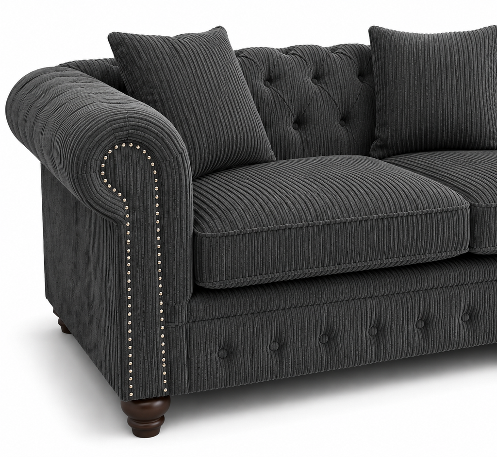 Olympia Chesterfield 3+2 Seater Corner Jumbo Cord Dark Grey Sofa - Detailed Angle View 3