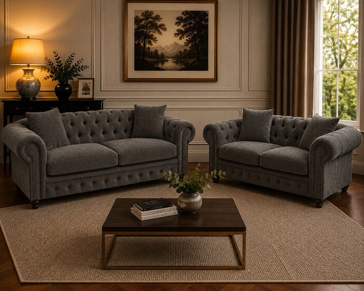 Olympia Chesterfield 3+2 Seater Corner Jumbo Cord Dark Grey Sofa - Detailed Angle View 4