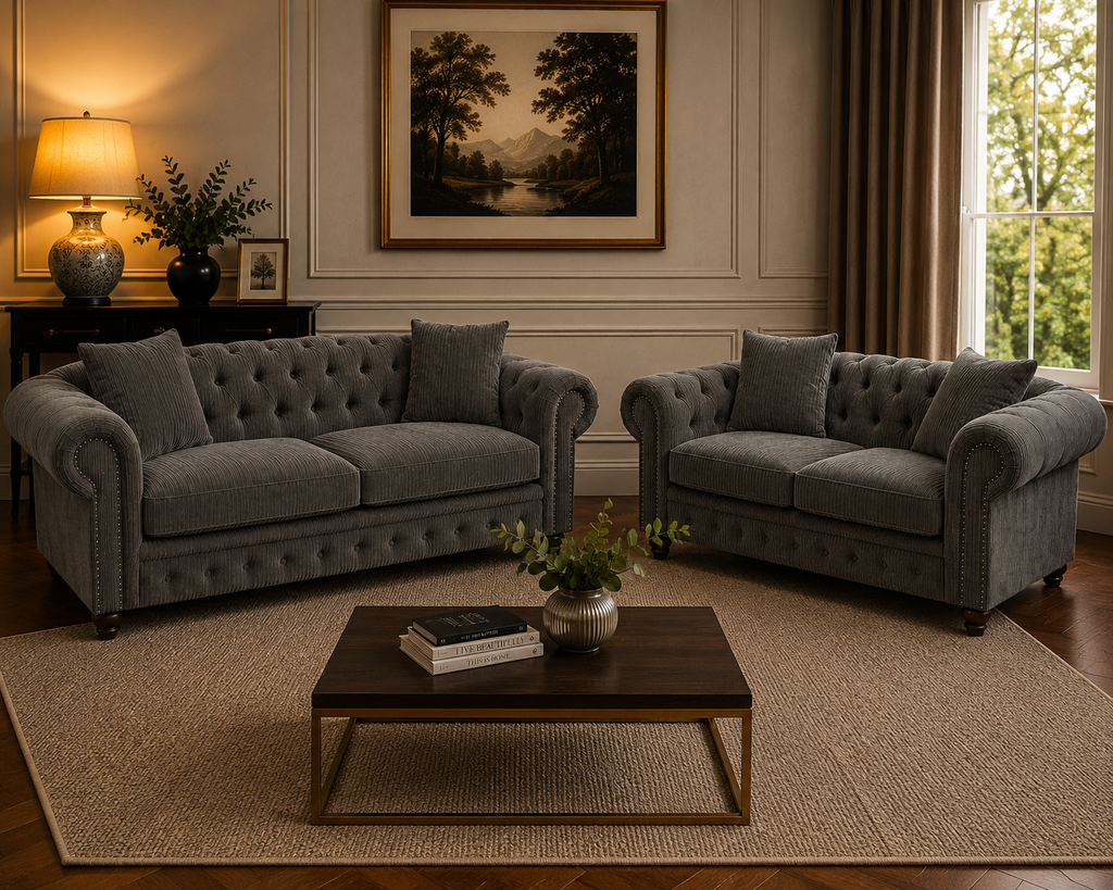 Olympia Chesterfield 3+2 Seater Corner Jumbo Cord Dark Grey Sofa - Detailed Angle View 4