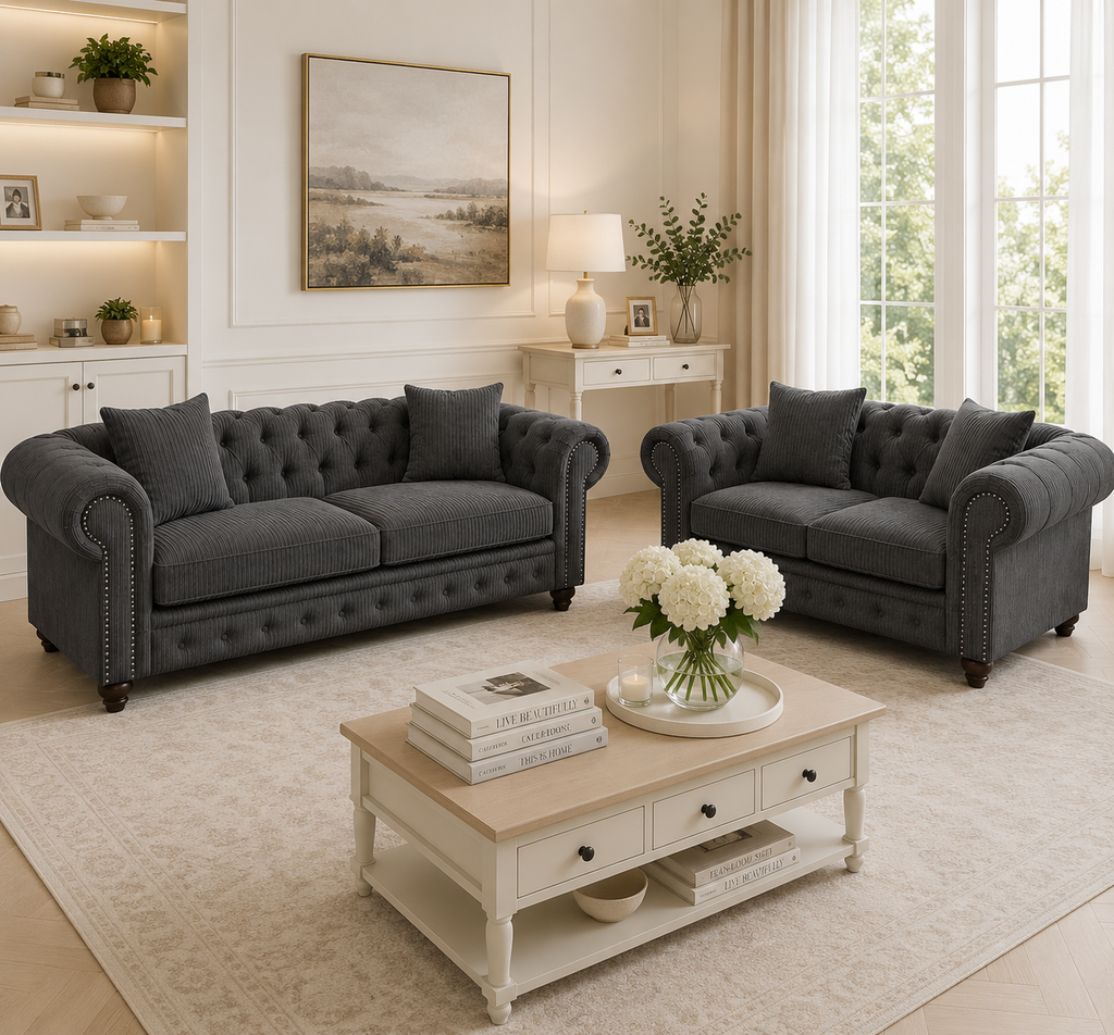 Olympia Chesterfield 3+2 Seater Corner Jumbo Cord Dark Grey Sofa - Detailed Angle View 5