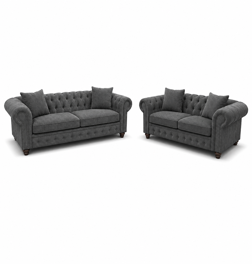 Olympia Chesterfield 3+2 Seater Corner Jumbo Cord Dark Grey Sofa - Luxury UK Living Room Showcase