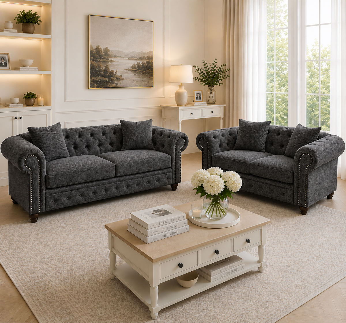 Olympia Chesterfield 3+2 Seater Corner Naples & Kinsington Dark Grey Sofa - Detailed Angle View 5