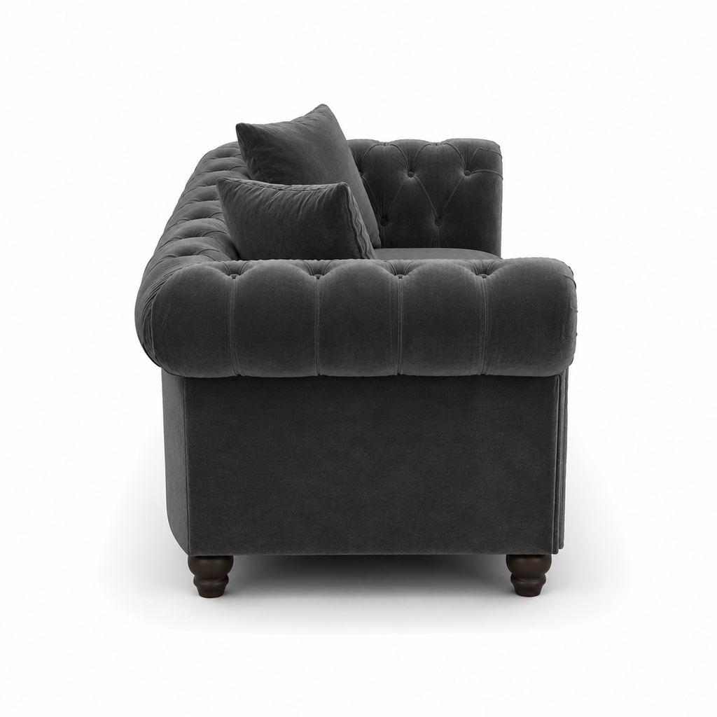 Olympia Chesterfield 3+2 Seater Corner Plush Velvet Dark Grey Sofa - Detailed Angle View 2
