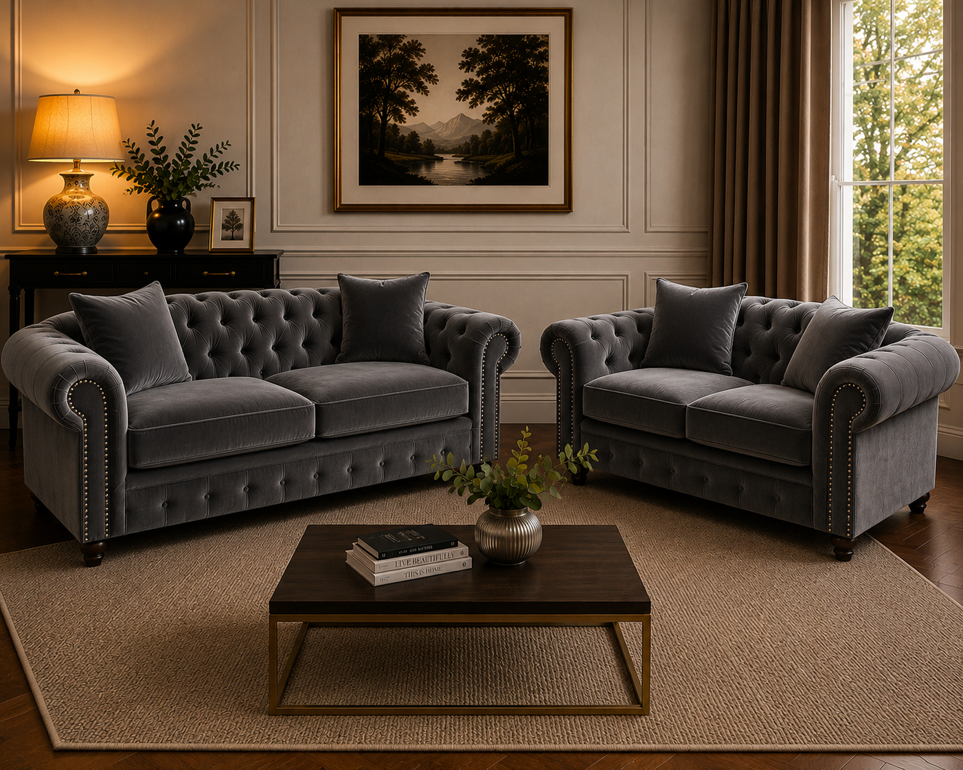 Olympia Chesterfield 3+2 Seater Corner Plush Velvet Dark Grey Sofa - Detailed Angle View 5