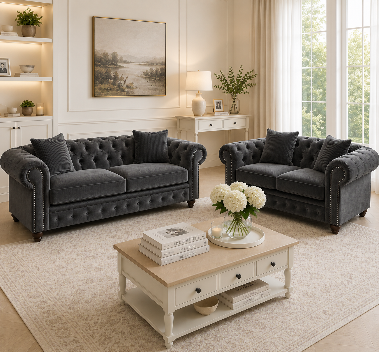 Olympia Chesterfield 3+2 Seater Corner Plush Velvet Dark Grey Sofa - Detailed Angle View 4