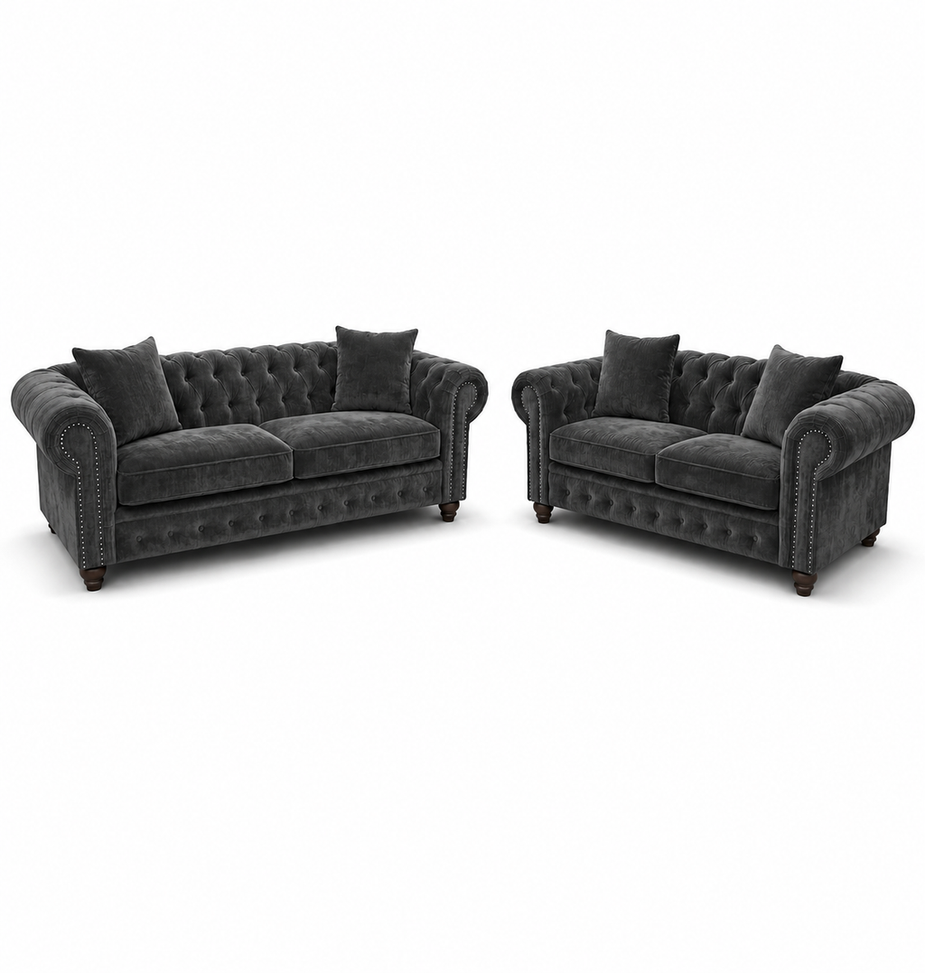 Olympia Chesterfield 3+2 Seater Corner Plush Velvet Dark Grey Sofa - Luxury UK Living Room Showcase