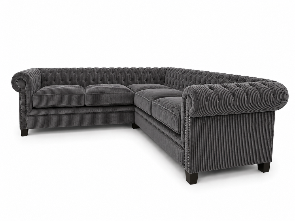 Olympia Chesterfield 5 Seater Corner Jumbo Cord Dark Grey Sofa - Detailed Angle View 2