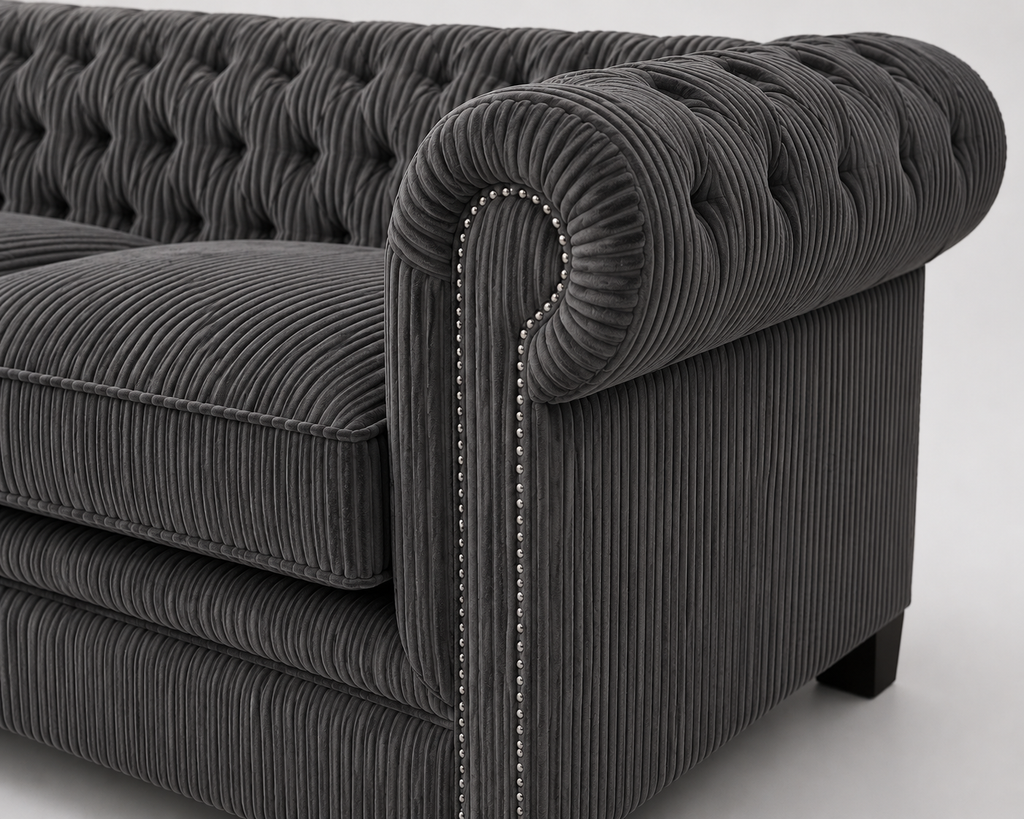 Olympia Chesterfield 5 Seater Corner Jumbo Cord Dark Grey Sofa - Detailed Angle View 3