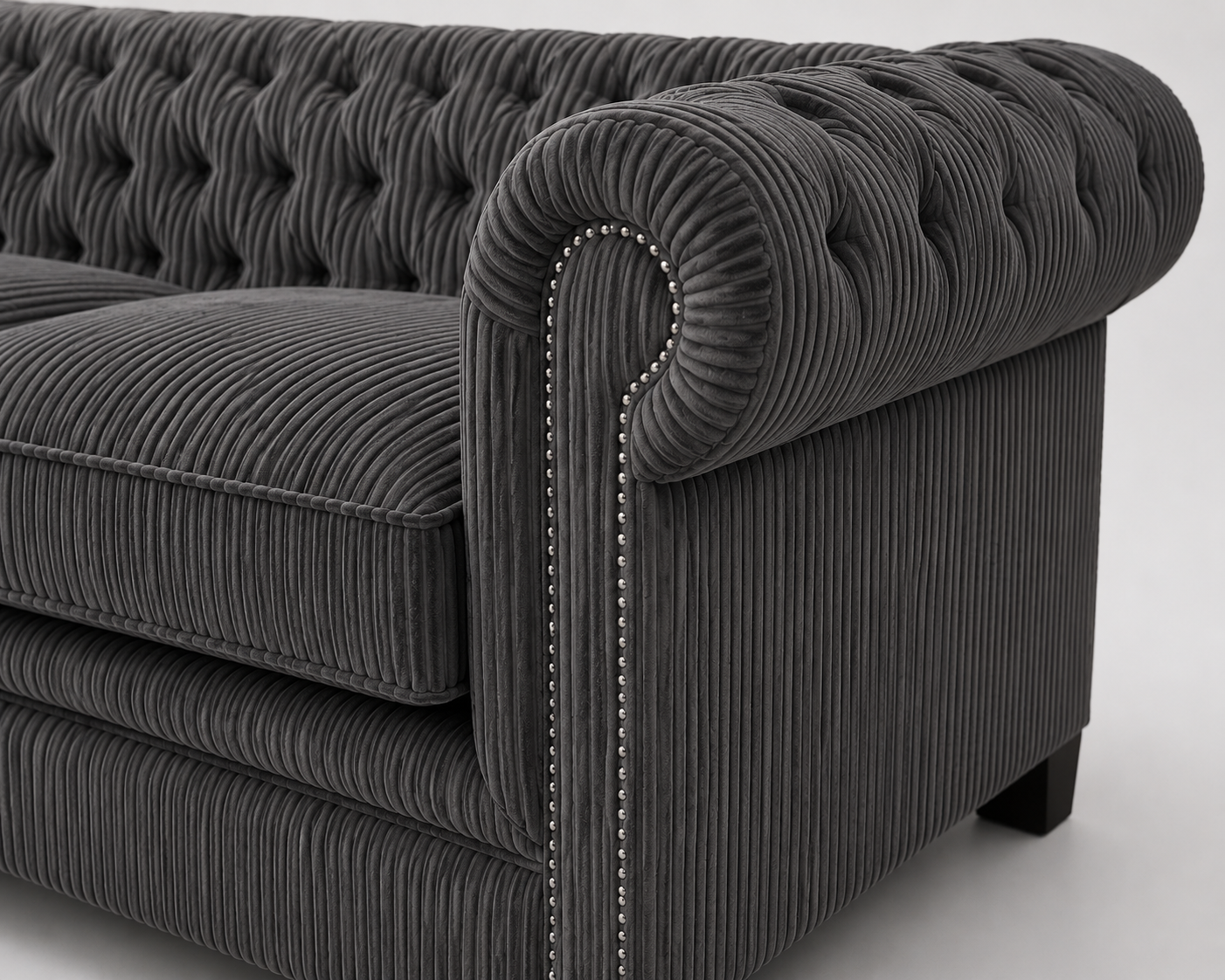 Olympia Chesterfield 5 Seater Corner Jumbo Cord Dark Grey Sofa - Detailed Angle View 3
