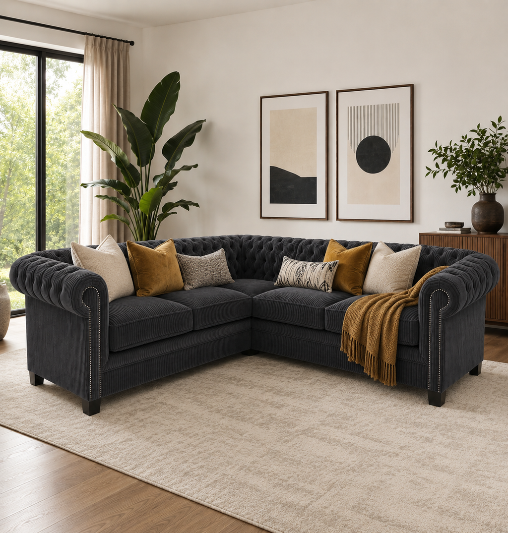 Olympia Chesterfield 5 Seater Corner Jumbo Cord Dark Grey Sofa - Detailed Angle View 5
