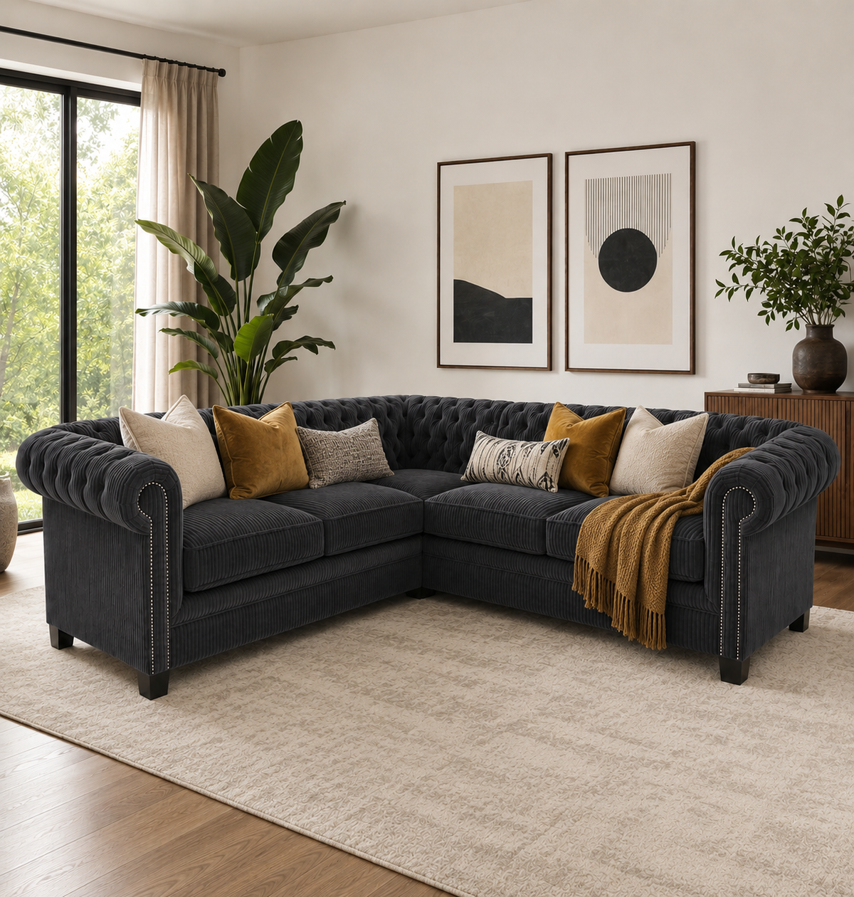 Olympia Chesterfield 5 Seater Corner Jumbo Cord Dark Grey Sofa - Detailed Angle View 5