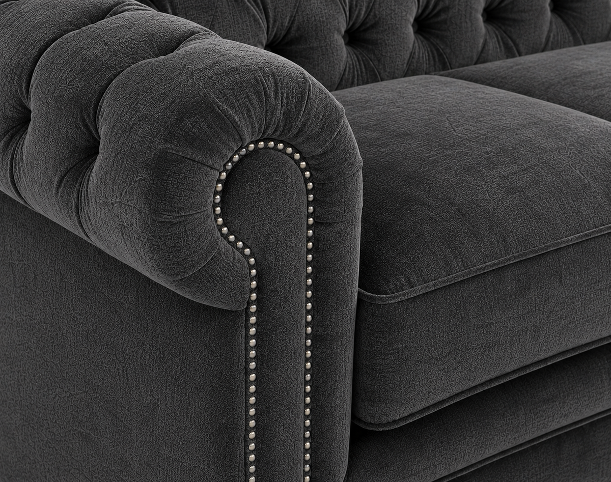 Olympia Chesterfield 5 Seater Corner Sofa Naples and Kensington Dark Grey - Detailed Angle View 3