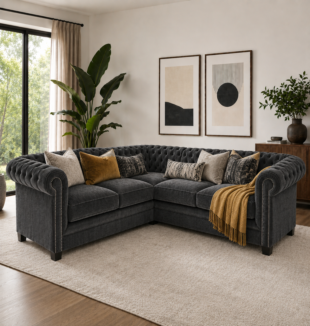 Olympia Chesterfield 5 Seater Corner Sofa Naples and Kensington Dark Grey - Detailed Angle View 5
