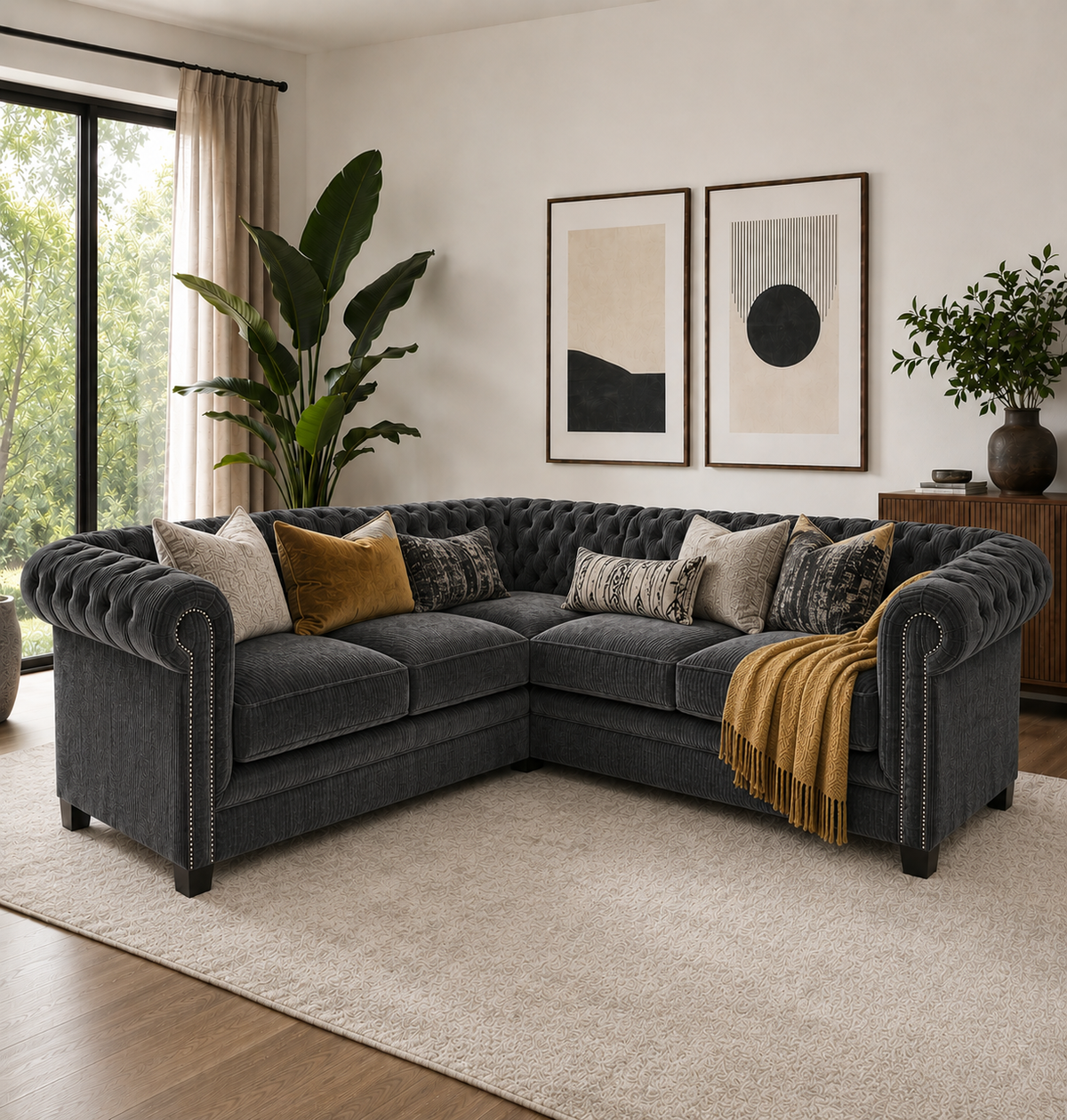 Olympia Chesterfield 5 Seater Corner Sofa Naples and Kensington Dark Grey - Detailed Angle View 5