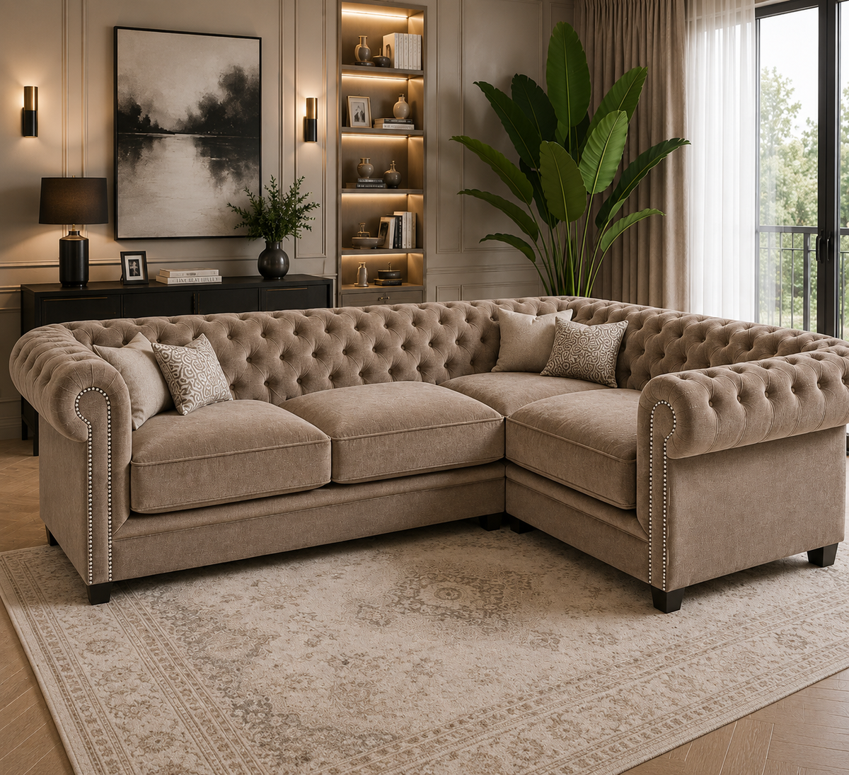 Olympia Chesterfield 5 Seater Corner Sofa Naples & Kensington Mink - Detailed Angle View 5