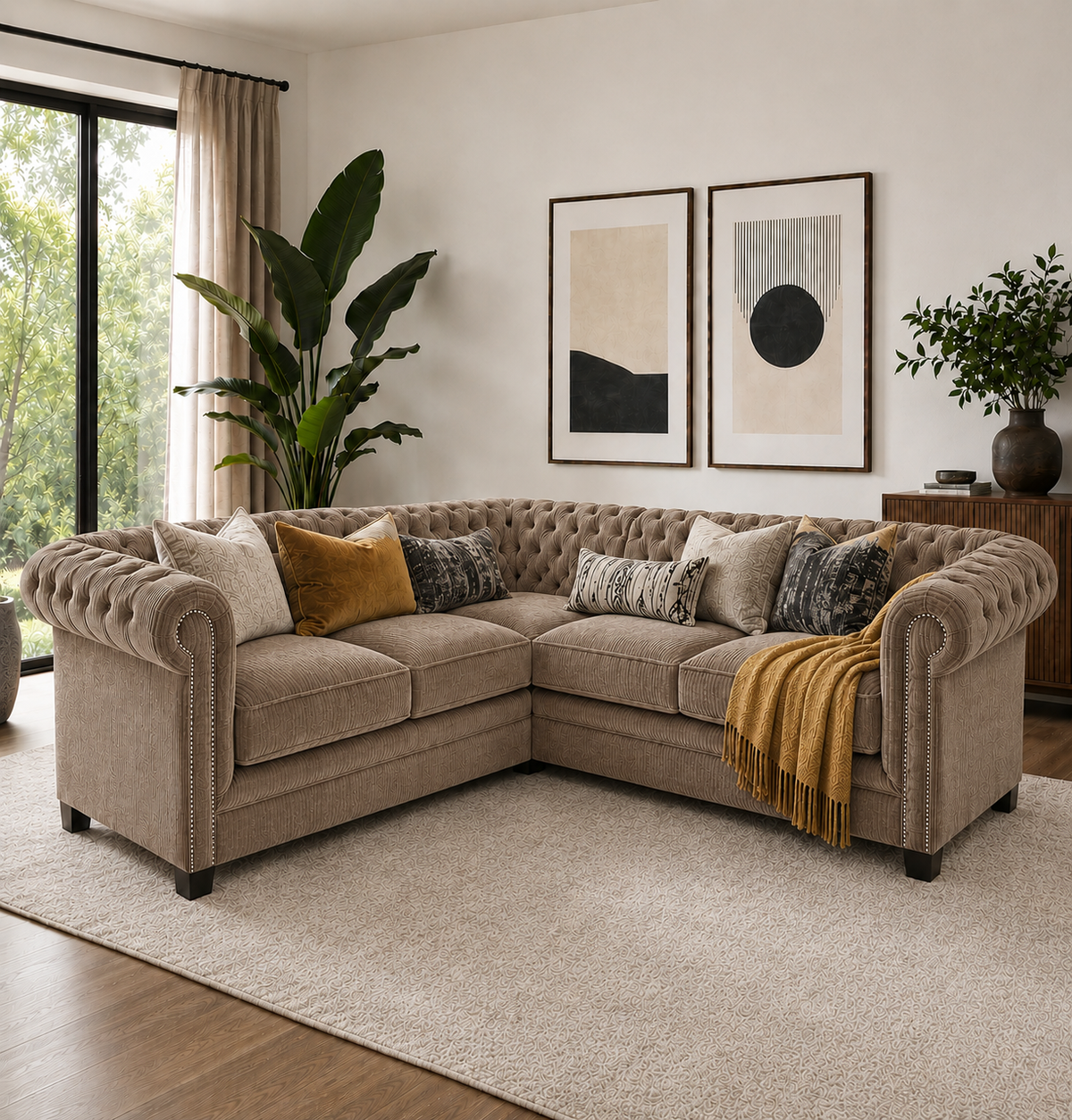 Olympia Chesterfield 5 Seater Corner Sofa Naples & Kensington Mink - Detailed Angle View 4