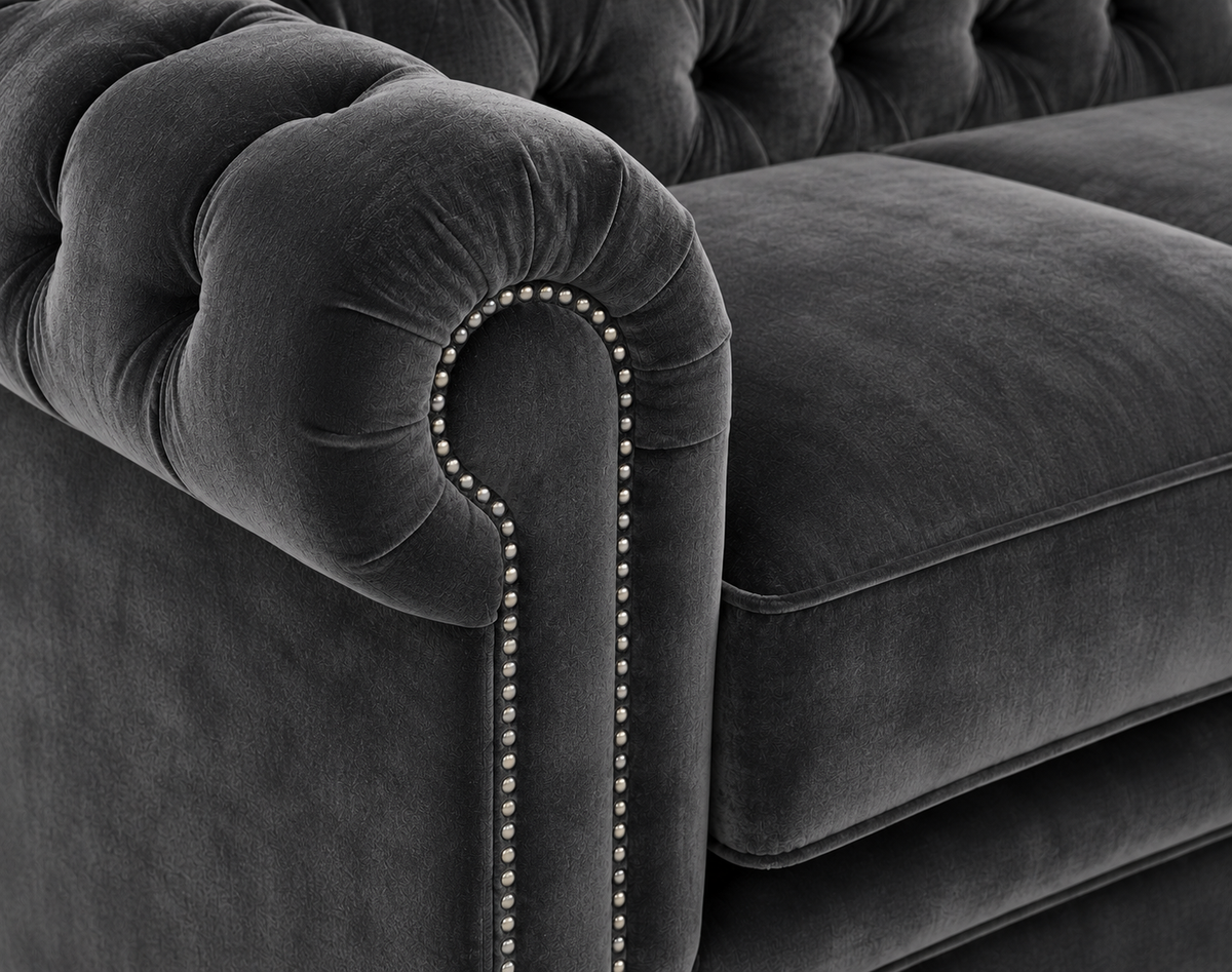 Olympia Chesterfield 5 Seater Corner Sofa Plush Velvet Dark Grey - Detailed Angle View 3