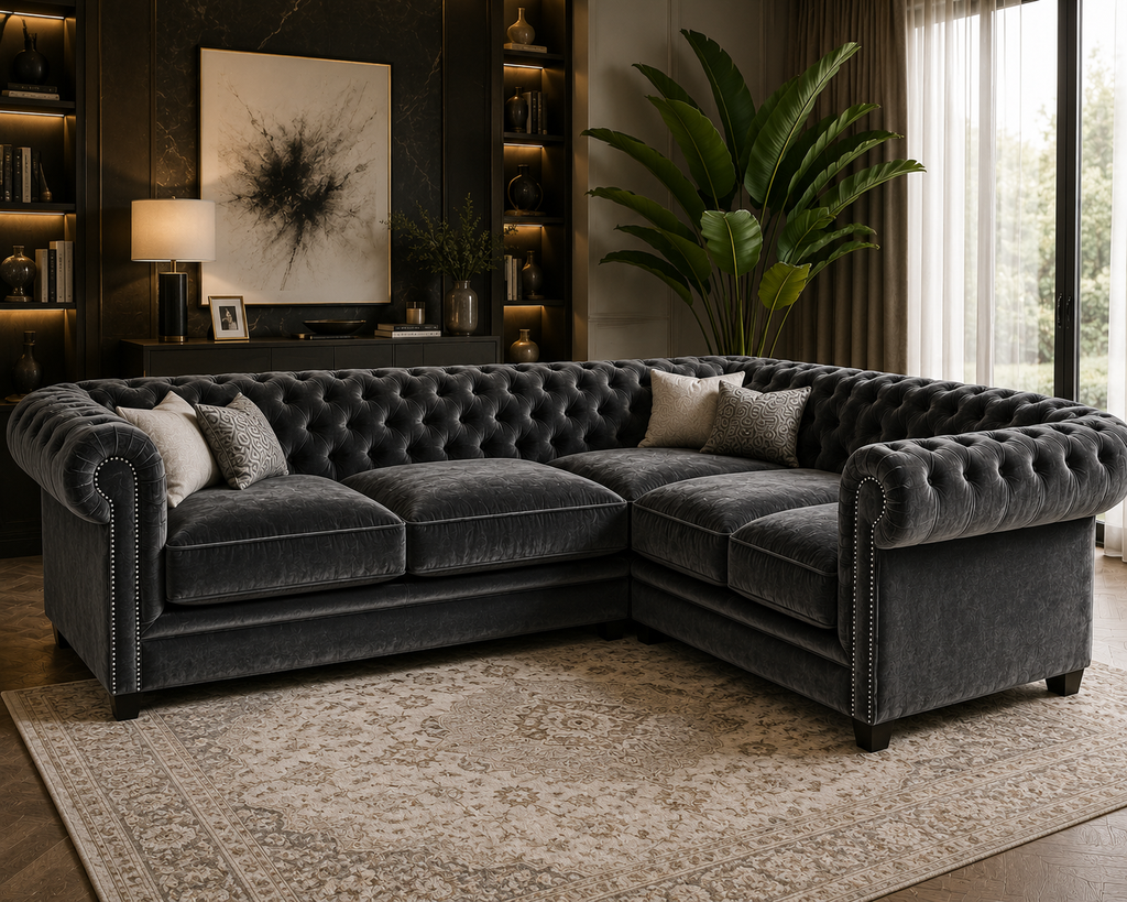 Olympia Chesterfield 5 Seater Corner Sofa Plush Velvet Dark Grey - Detailed Angle View 4