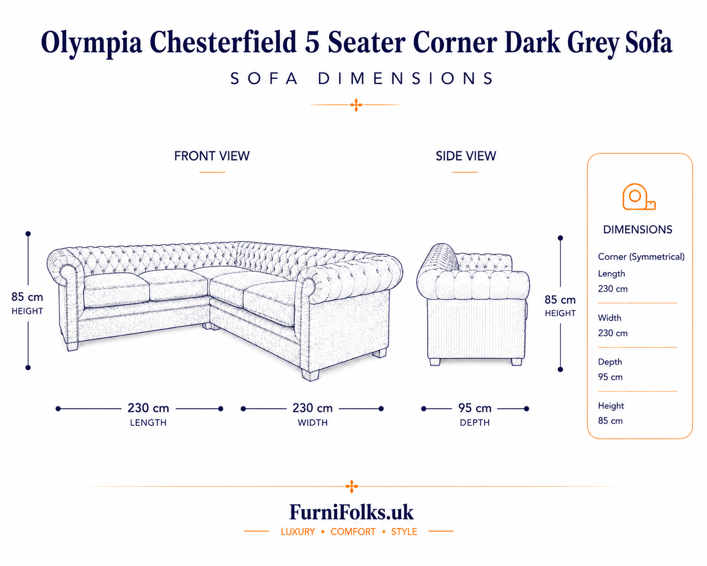 Olympia Chesterfield 5 Seater Corner Sofa Plush Velvet Dark Grey - Detailed Angle View 6