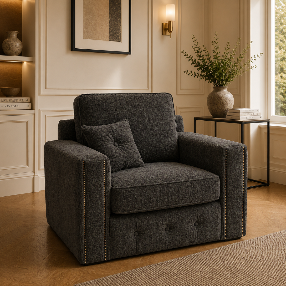 Ruby Alaska 1 Seater Chenille Dark Grey Sofa - Detailed Angle View 4