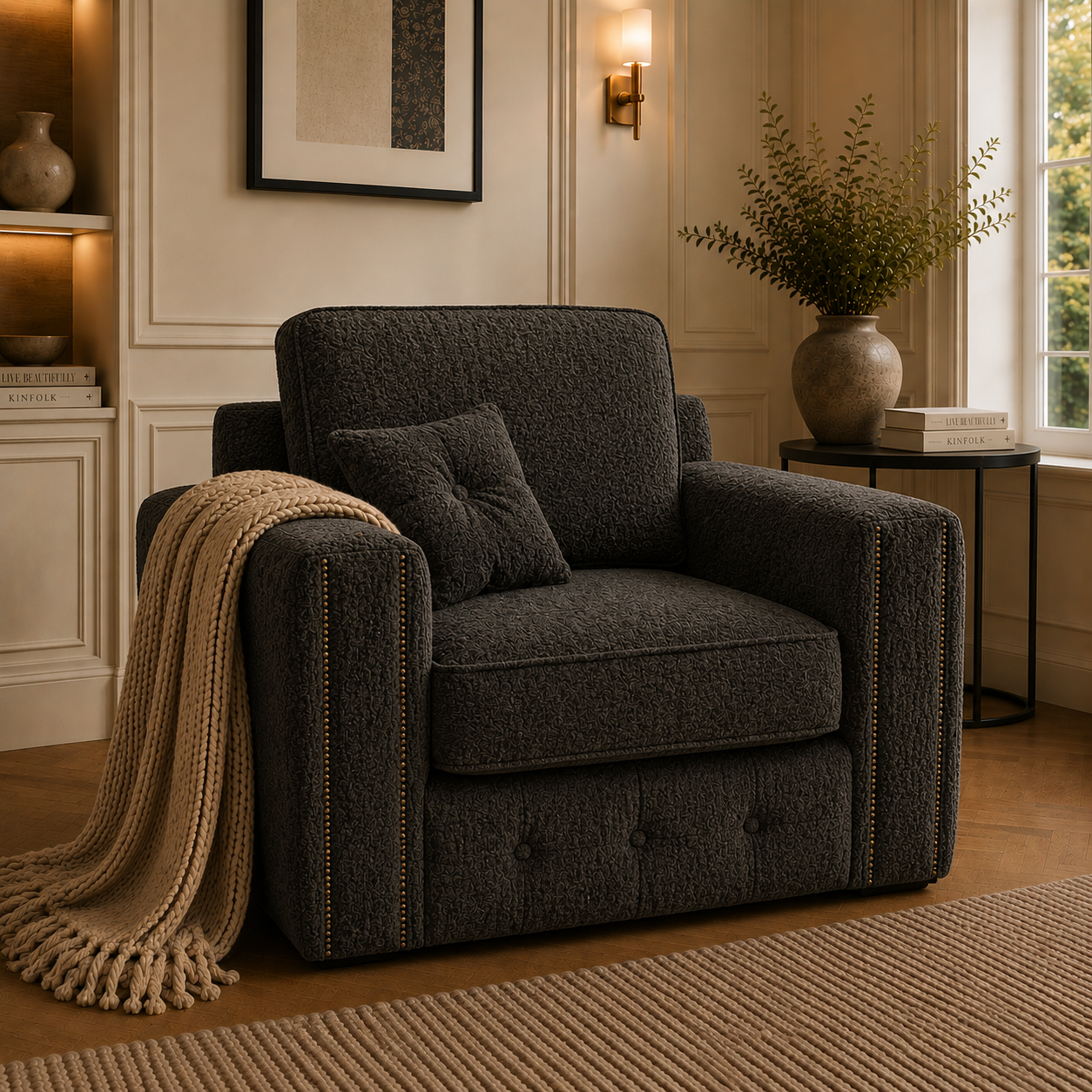 Ruby Alaska 1 Seater Chenille Dark Grey Sofa - Detailed Angle View 5